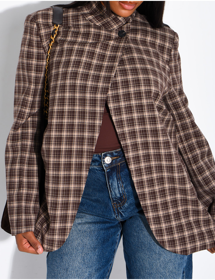 Oversize-Blazer mit Stehkragen und Karomuster