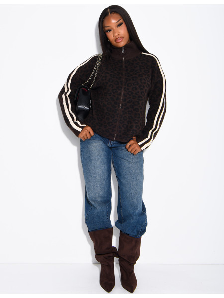 Wollstrickjacke mit Leopardenmuster und Streifen