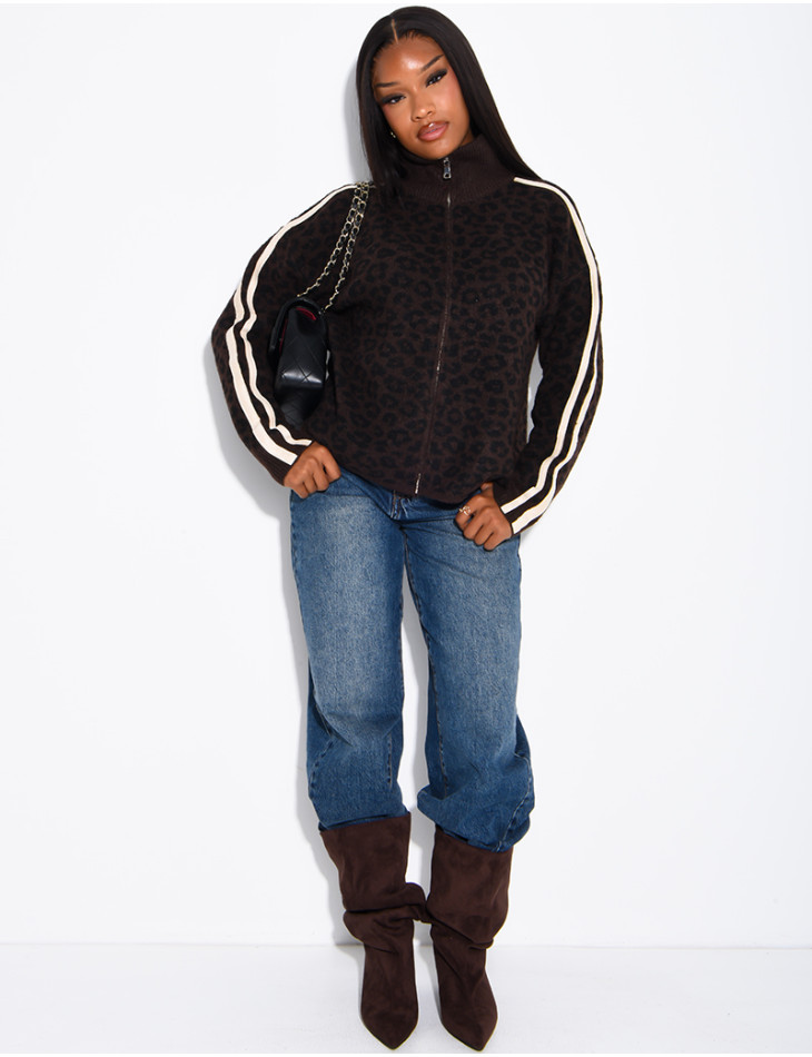 Wollstrickjacke mit Leopardenmuster und Streifen