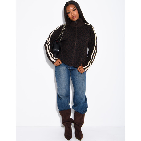Wollstrickjacke mit Leopardenmuster und Streifen