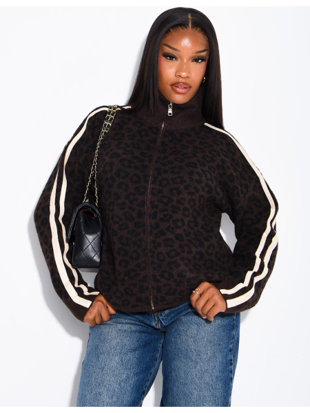 Wollstrickjacke mit Leopardenmuster und Streifen