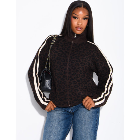 Wollstrickjacke mit Leopardenmuster und Streifen