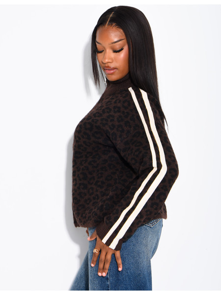 Wollstrickjacke mit Leopardenmuster und Streifen