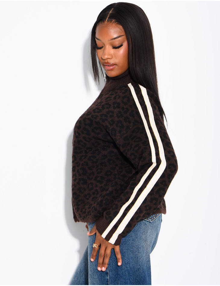 Wollstrickjacke mit Leopardenmuster und Streifen