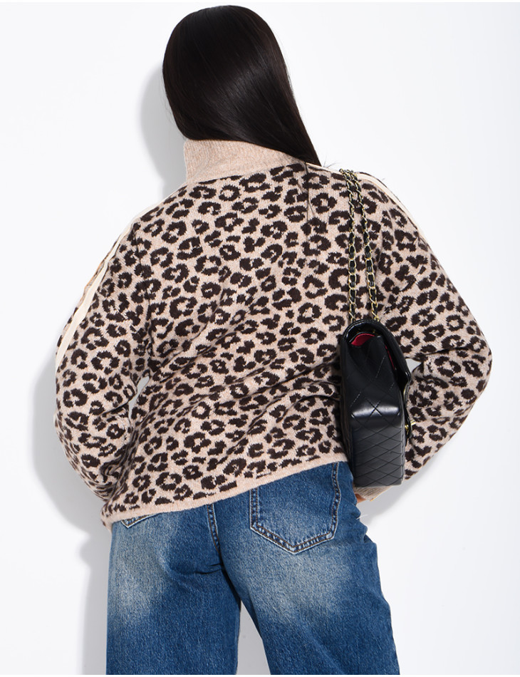 Leopard-print wool cardigan with stripes