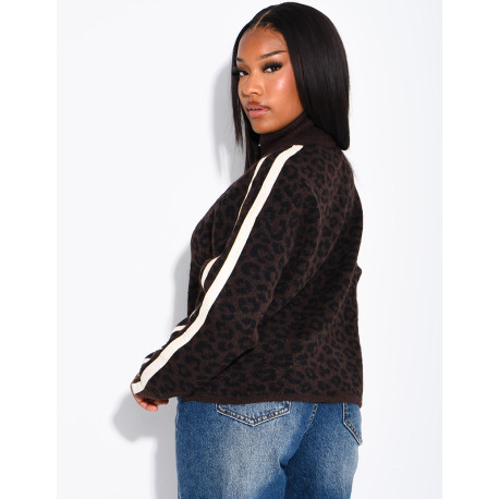 Wollstrickjacke mit Leopardenmuster und Streifen