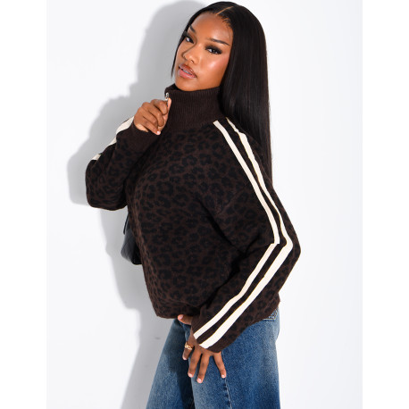Wollstrickjacke mit Leopardenmuster und Streifen