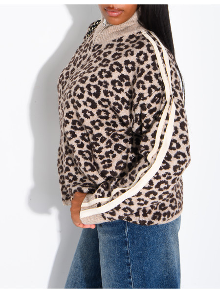 Leopard-print wool cardigan with stripes