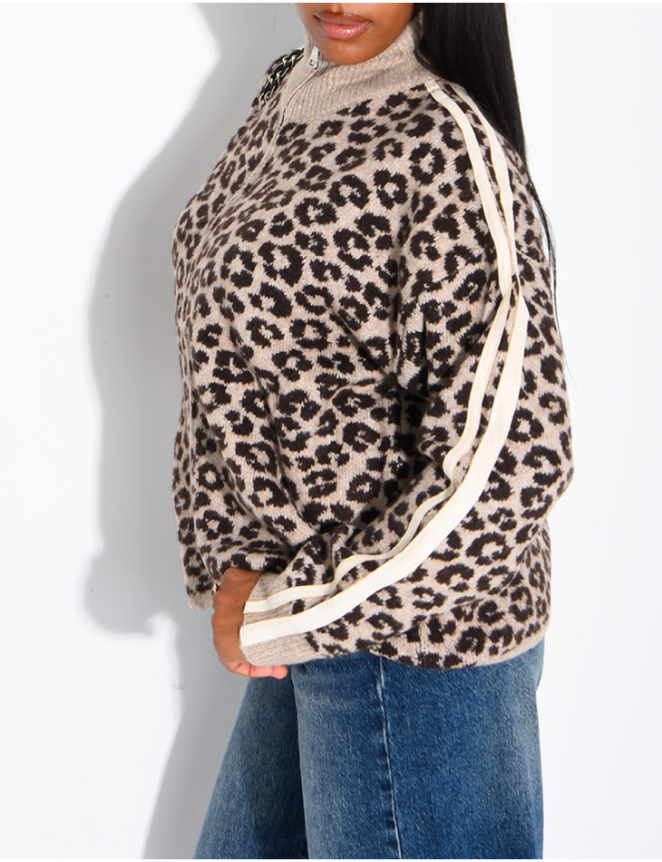 Leopard-print wool cardigan with stripes