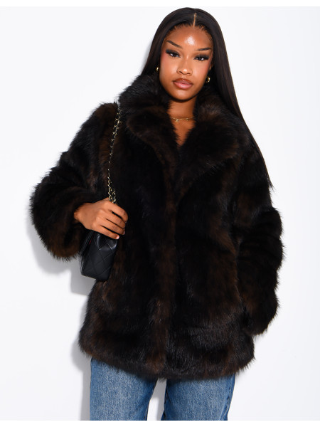 Mid-length faux fur jacket with leopard print