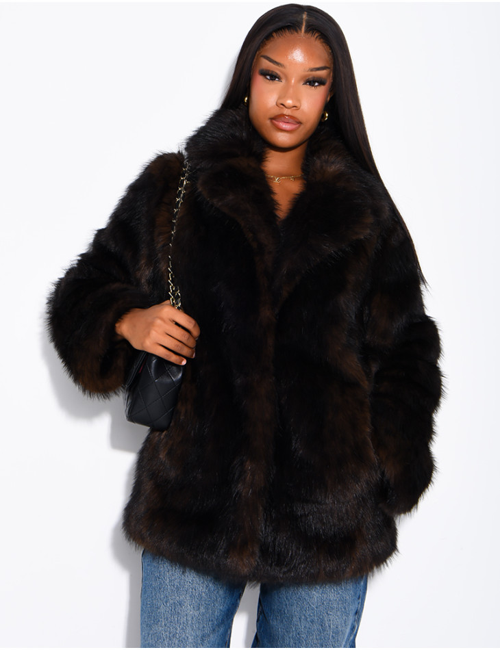 Mid-length faux fur jacket with leopard print