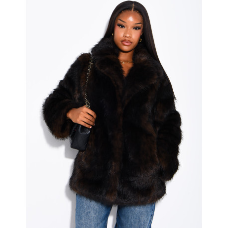 Mid-length faux fur jacket with leopard print