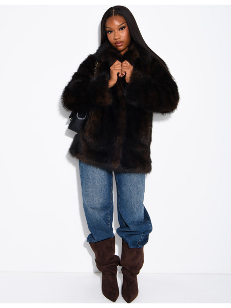 Mid-length faux fur jacket with leopard print