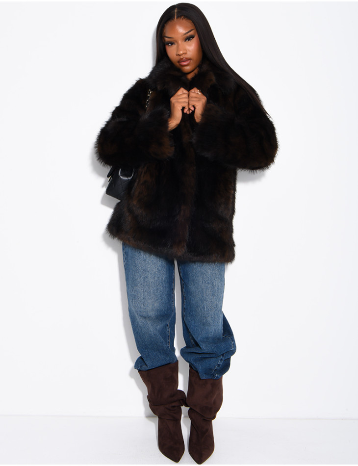 Mid-length faux fur jacket with leopard print