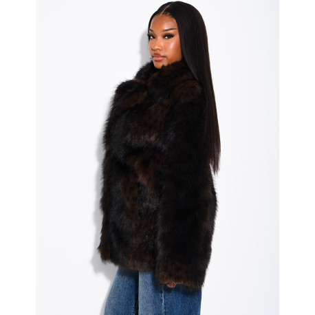 Mid-length faux fur jacket with leopard print