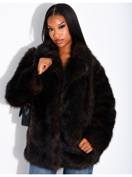 Mid-length faux fur jacket with leopard print