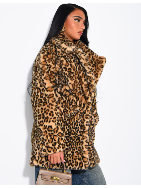 Mid-length leopard-print faux fur coat