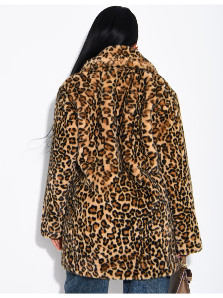 Mid-length leopard-print faux fur coat
