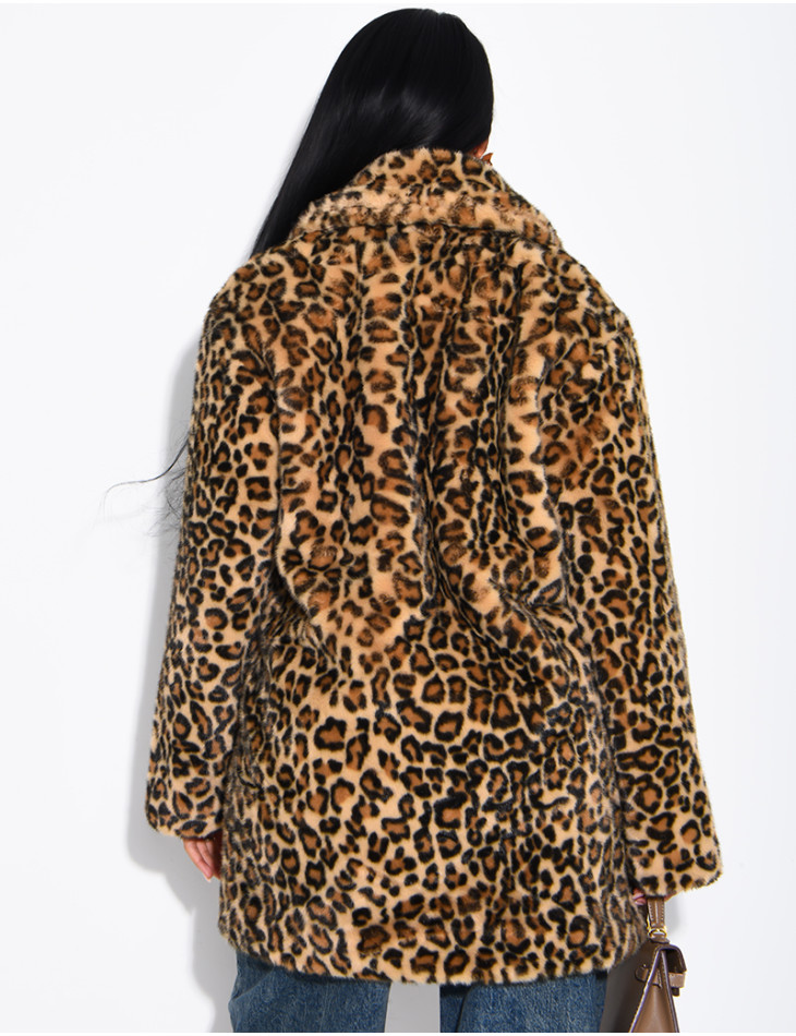 Mid-length leopard-print faux fur coat