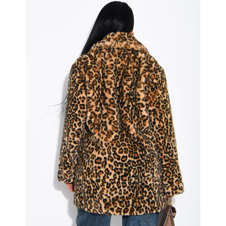 Mid-length leopard-print faux fur coat