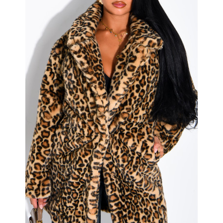 Mid-length leopard-print faux fur coat