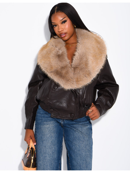 Grained faux leather jacket with faux fur collar