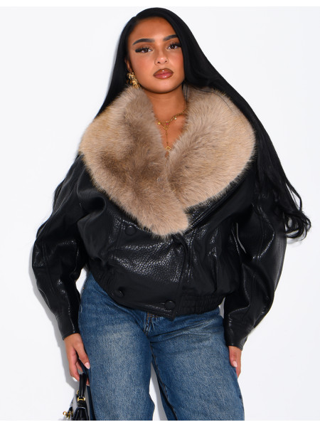 Grained faux leather jacket with faux fur collar