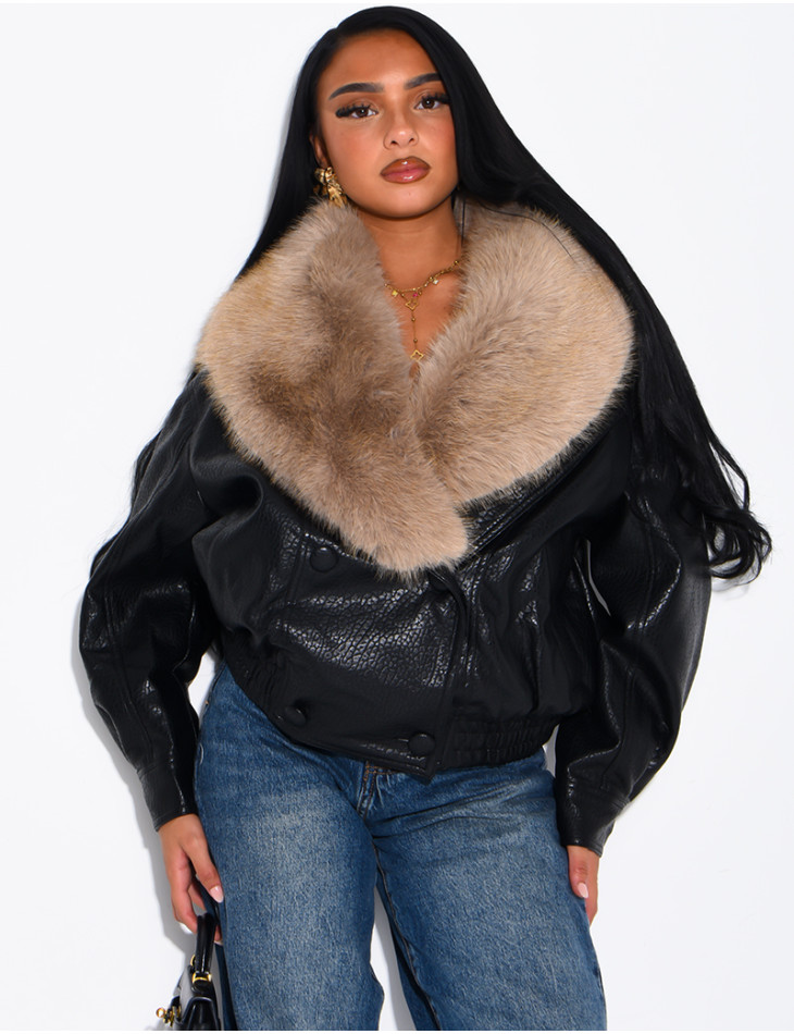 Grained faux leather jacket with faux fur collar