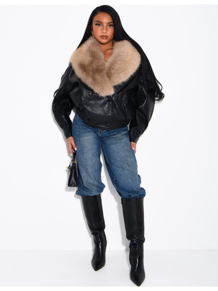 Grained faux leather jacket with faux fur collar