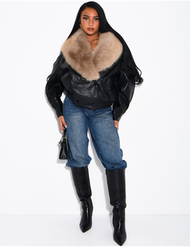 Grained faux leather jacket with faux fur collar