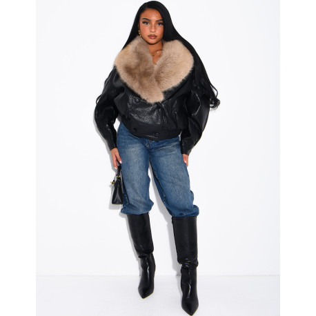 Grained faux leather jacket with faux fur collar