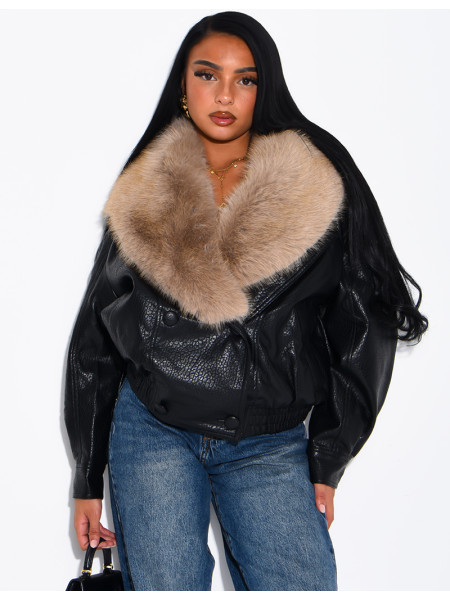Grained faux leather jacket with faux fur collar