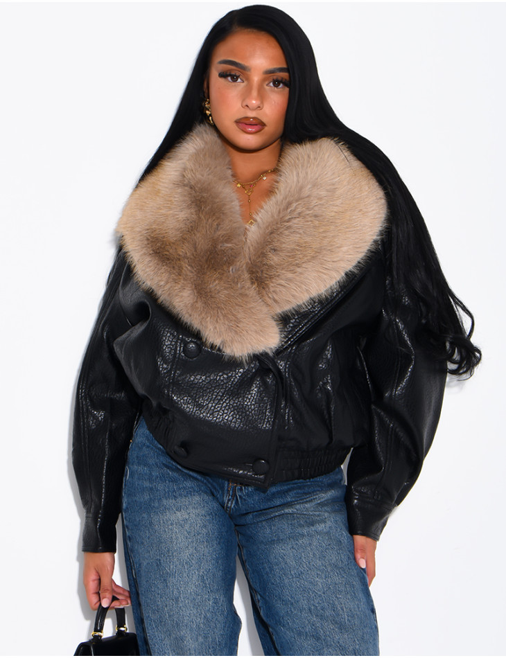 Grained faux leather jacket with faux fur collar