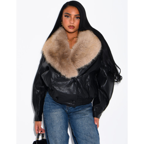 Grained faux leather jacket with faux fur collar