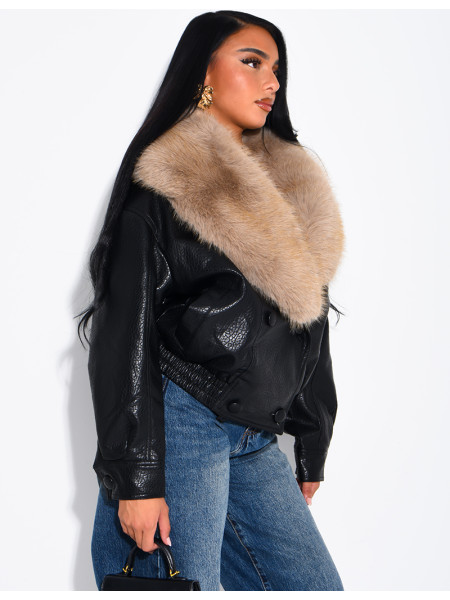 Grained faux leather jacket with faux fur collar