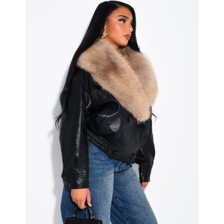 Grained faux leather jacket with faux fur collar