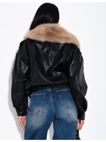 Grained faux leather jacket with faux fur collar