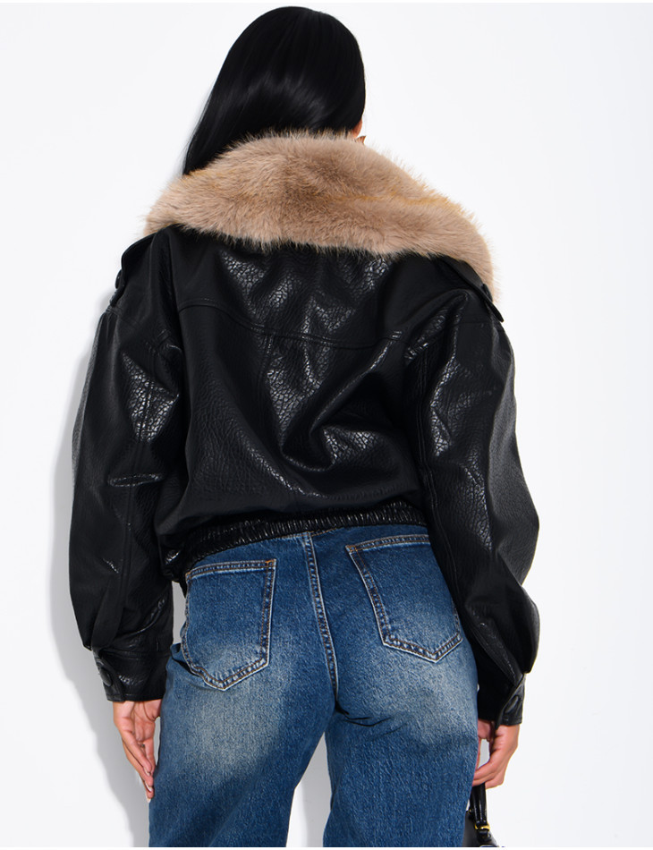 Grained faux leather jacket with faux fur collar