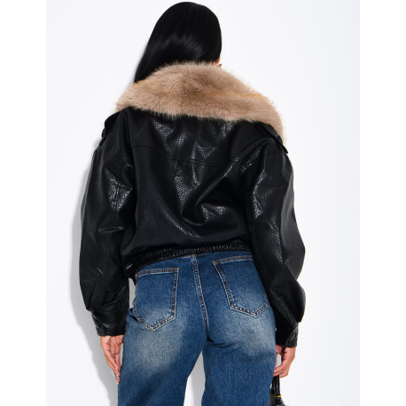 Grained faux leather jacket with faux fur collar