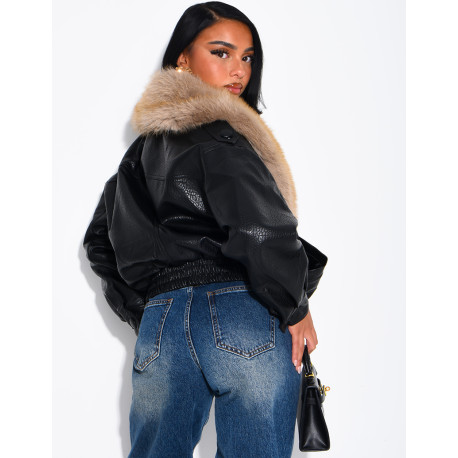 Grained faux leather jacket with faux fur collar