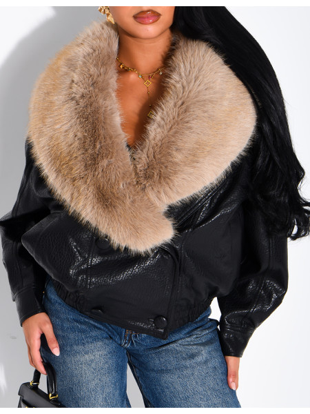 Grained faux leather jacket with faux fur collar