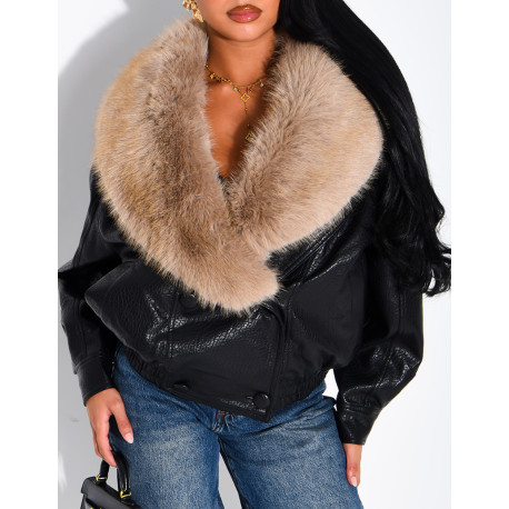 Grained faux leather jacket with faux fur collar