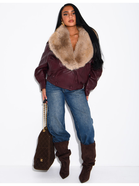 Grained faux leather jacket with faux fur collar