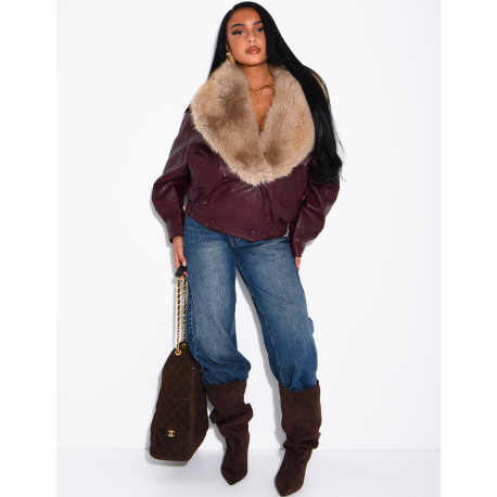 Grained faux leather jacket with faux fur collar