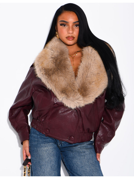 Grained faux leather jacket with faux fur collar