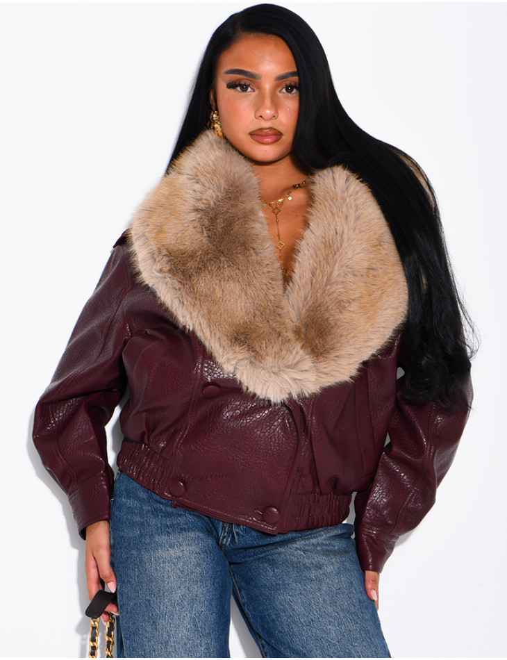 Grained faux leather jacket with faux fur collar