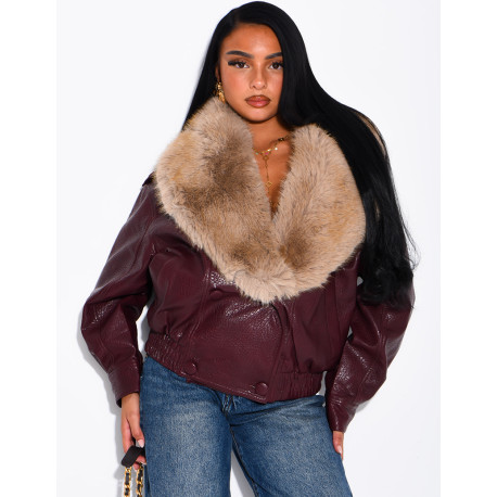 Grained faux leather jacket with faux fur collar