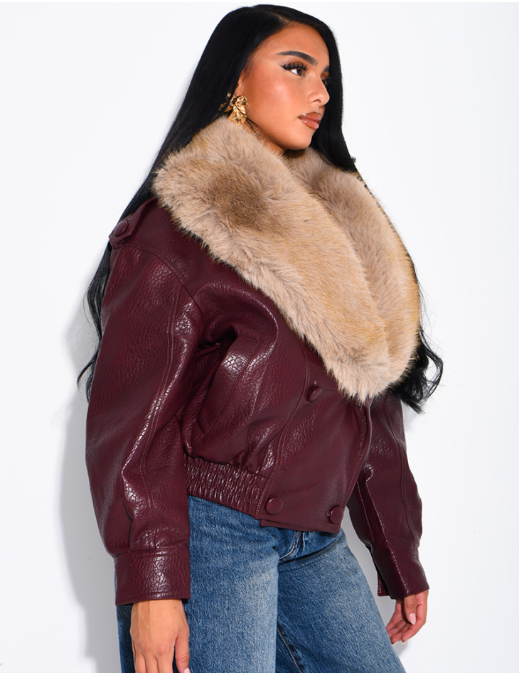 Grained faux leather jacket with faux fur collar