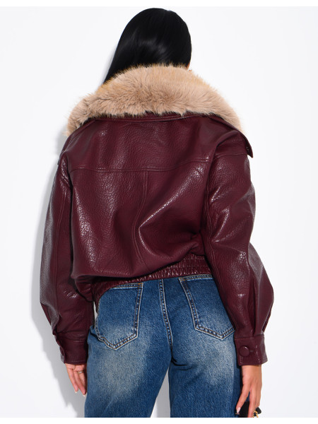 Grained faux leather jacket with faux fur collar