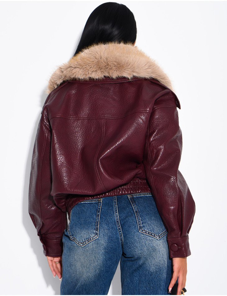 Grained faux leather jacket with faux fur collar